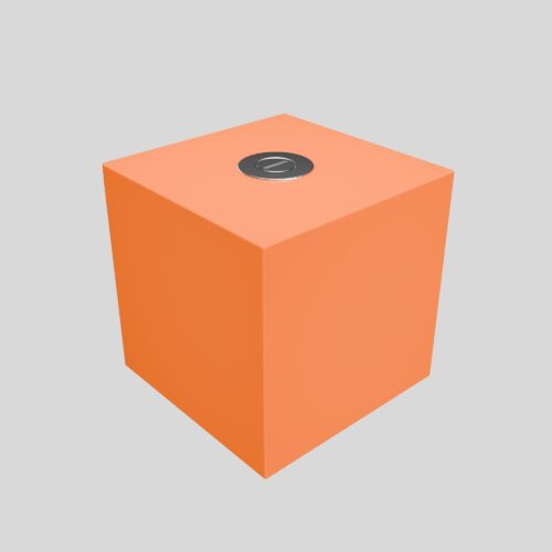 Urne funéraire pour chien ou chat, bois peint orangé, vue de côté montrant l’ouverture inférieure